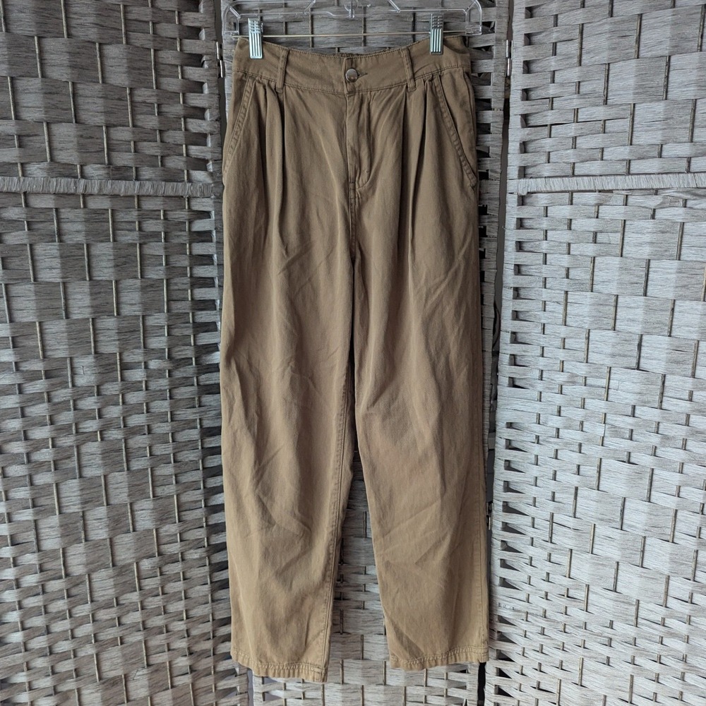 MNG Mango Pleated Trousers Khaki Tan High Rise Tapered Pants Sz 2 Minimalist